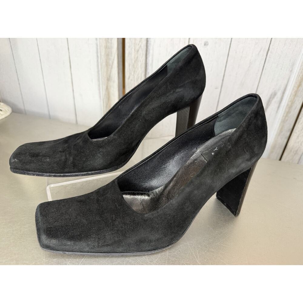 Vintage 90s Y Enzo Italy Black Suede Square Toe Heel Pumps Y2K Goth Sz 36 US 6